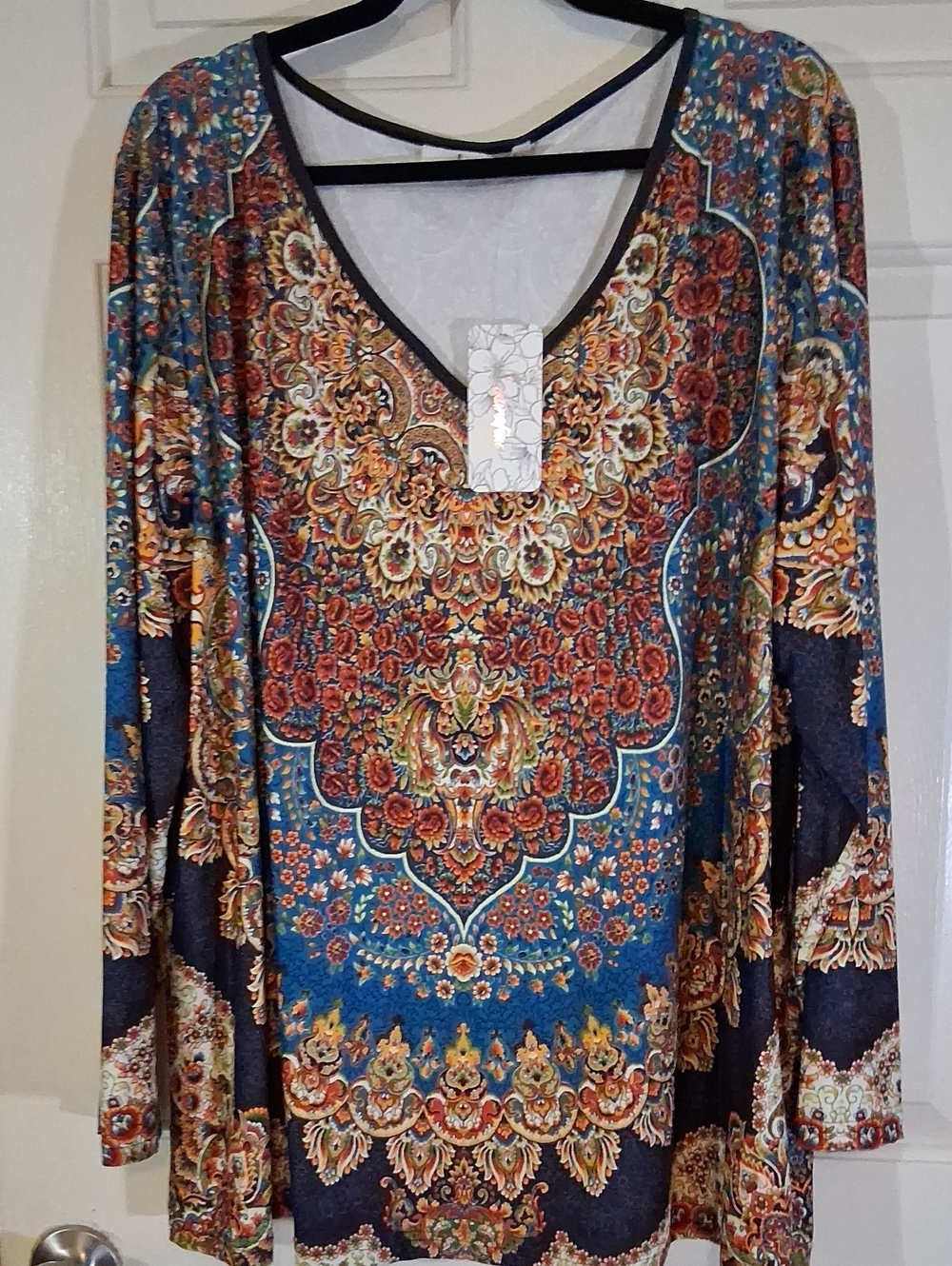 Sakura Boho Paisley V-Neck Long Sleeve Top - Teal, Rust & Navy